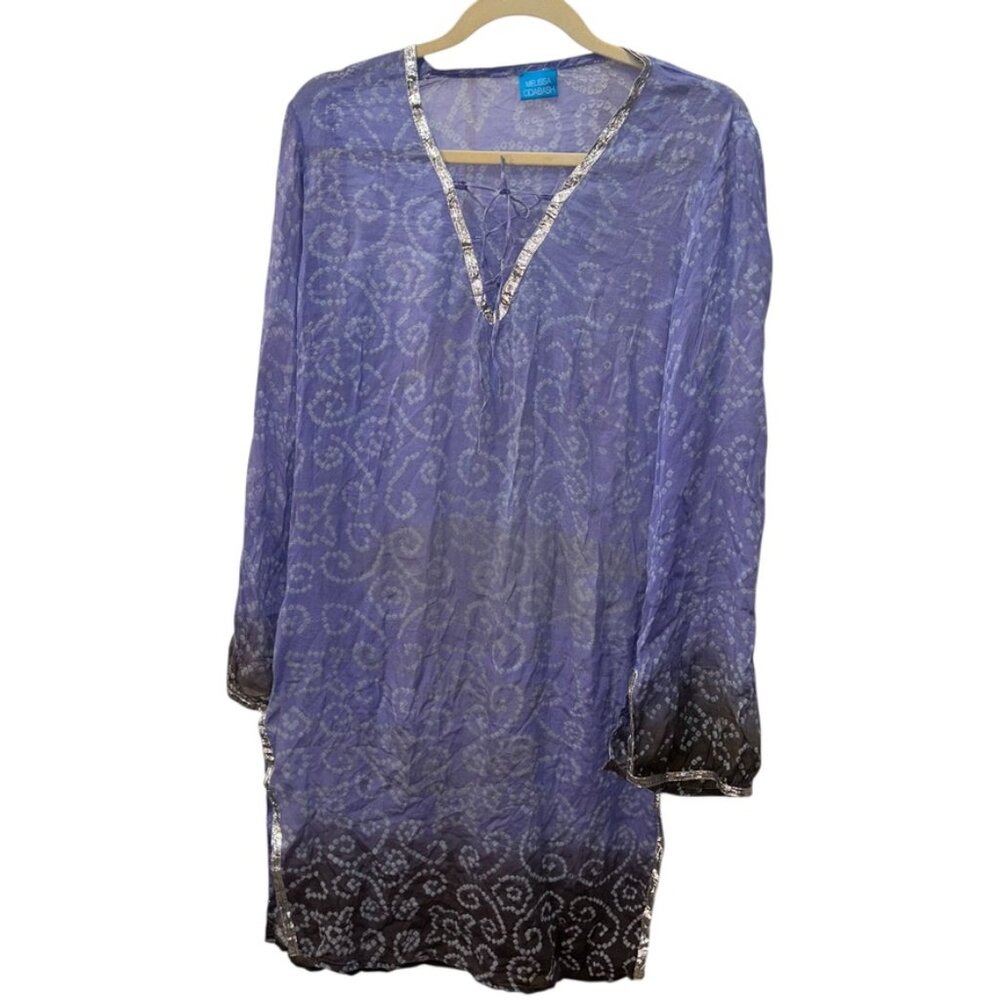 melissa odabash indigo blue ombre ethnic paisley silver metallic trim cover up